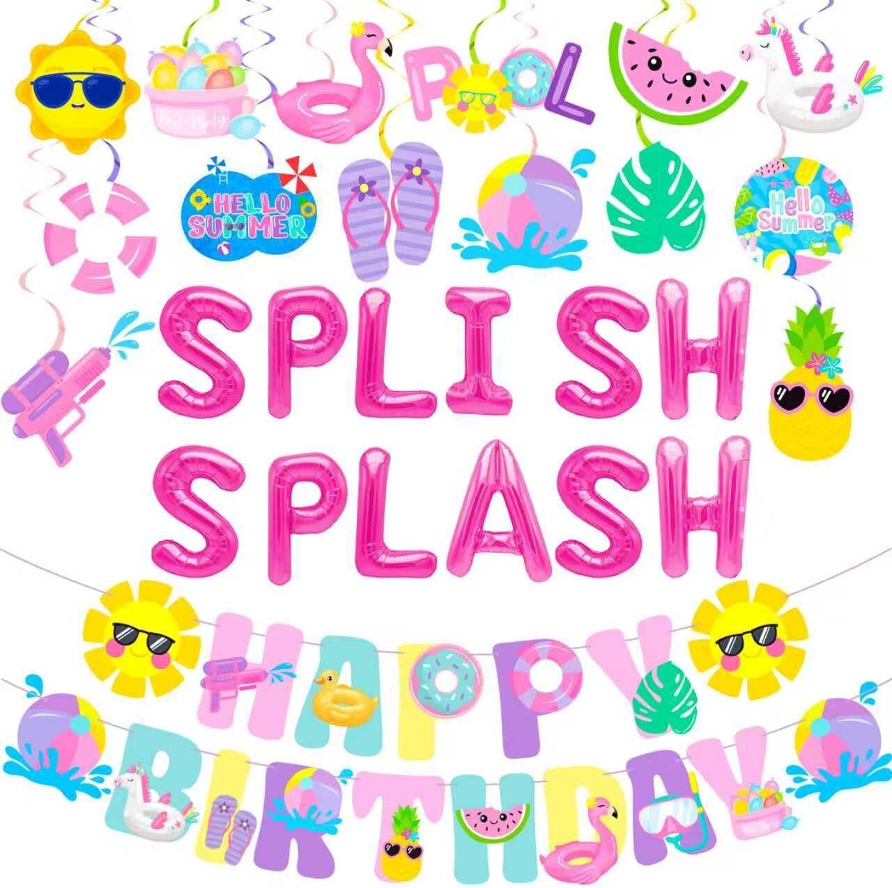 Summer Pool Party Birthday Decorations Set – Foil Balloons, “Splish Splash” Banner, and Hanging Swirls for Girls’ Beach, Tropical, or Hawaiian Luau-Themed Celebrations